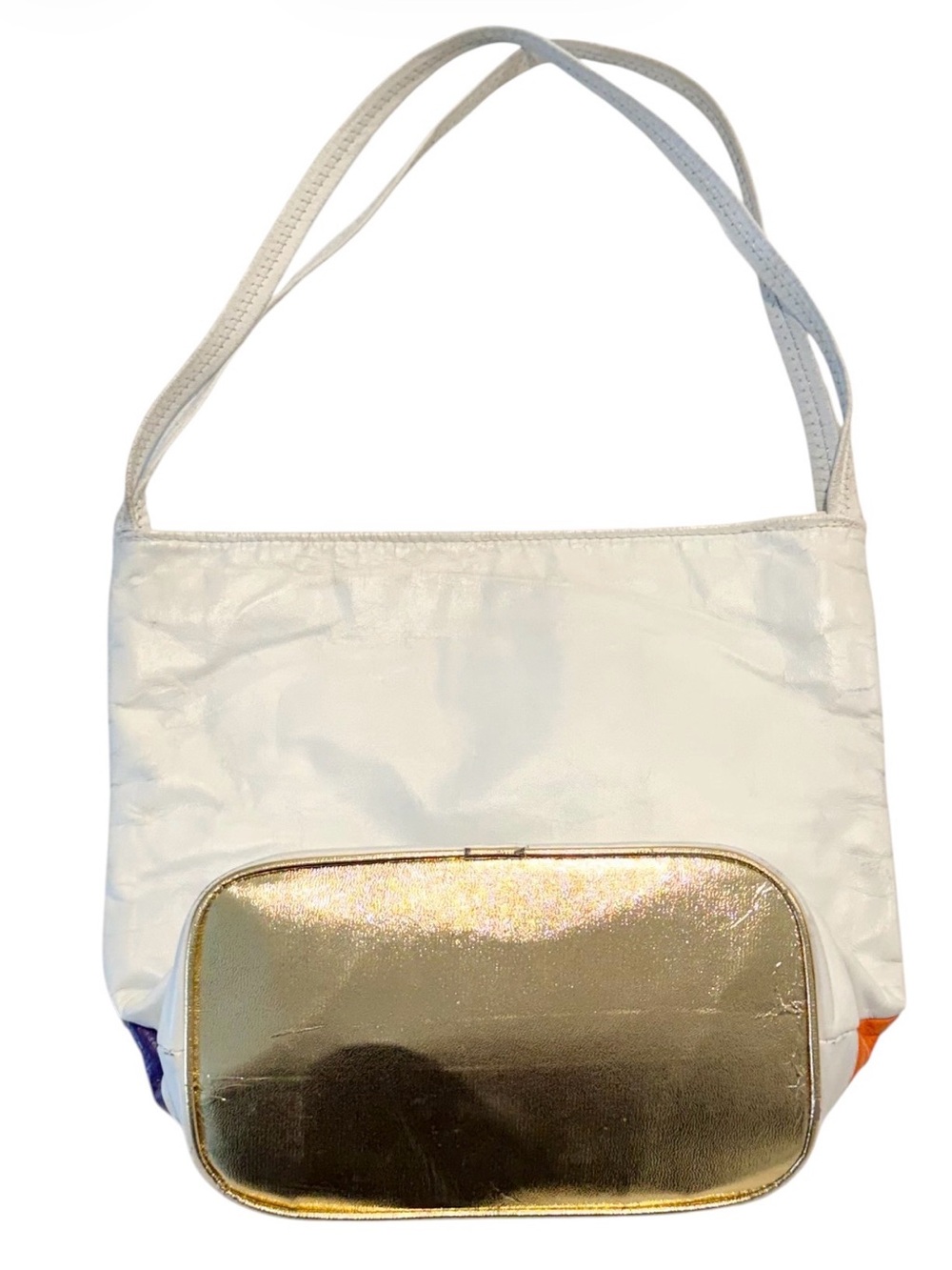 White Leather Multicolor Patchwork Shoulder Bag with Gold Stud Details - Picture 4 of 6